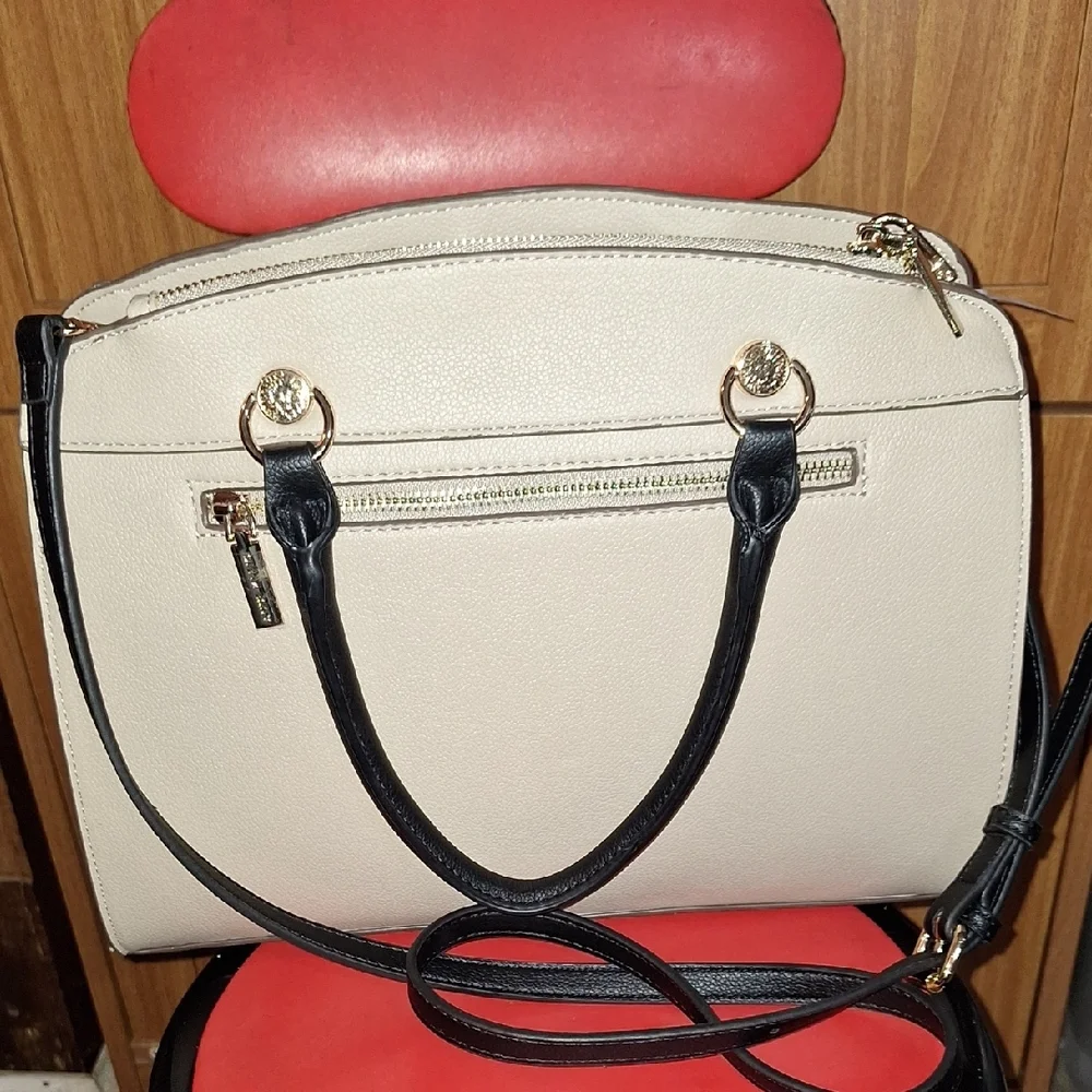 Anne Klein Taupe and Black Satchel with Snakeskin Accents - Picture 3 of 6